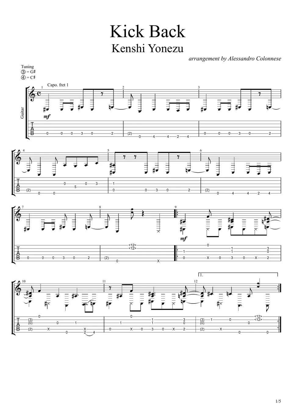 Kenshi Yonezu Kick Back (Chainsaw Man OP) Tab + 1staff by Alessandro Colonnese