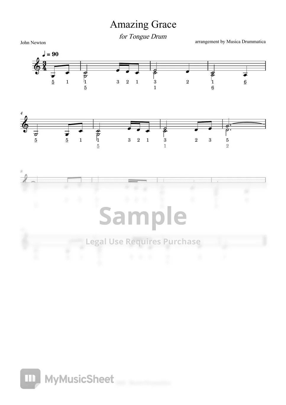 John Newton Amazing Grace (with number notation) Sheets by Musica