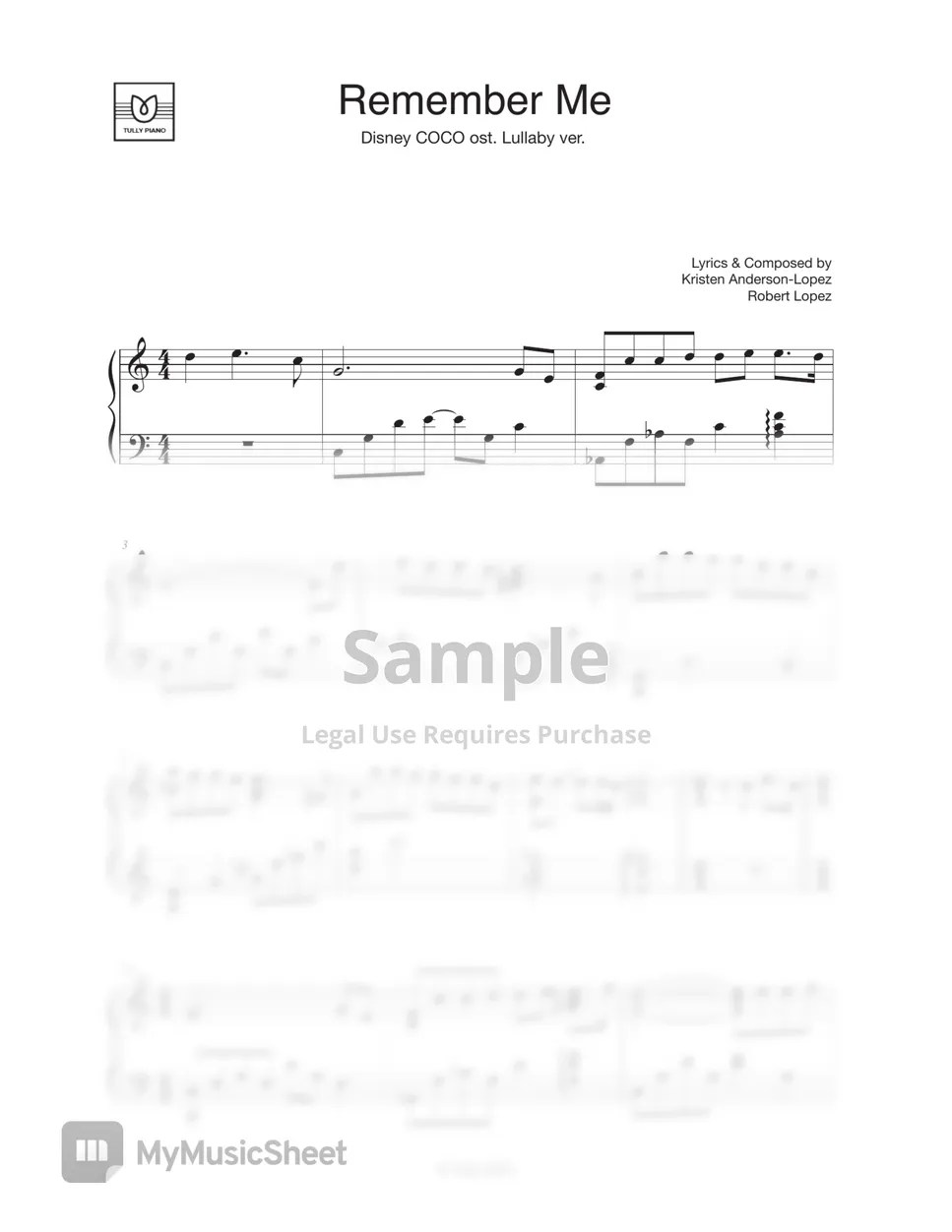 COCO (코코) ost 'Remember Me' 기억해줘 (Lullaby ver.) 악보 by Tully Piano