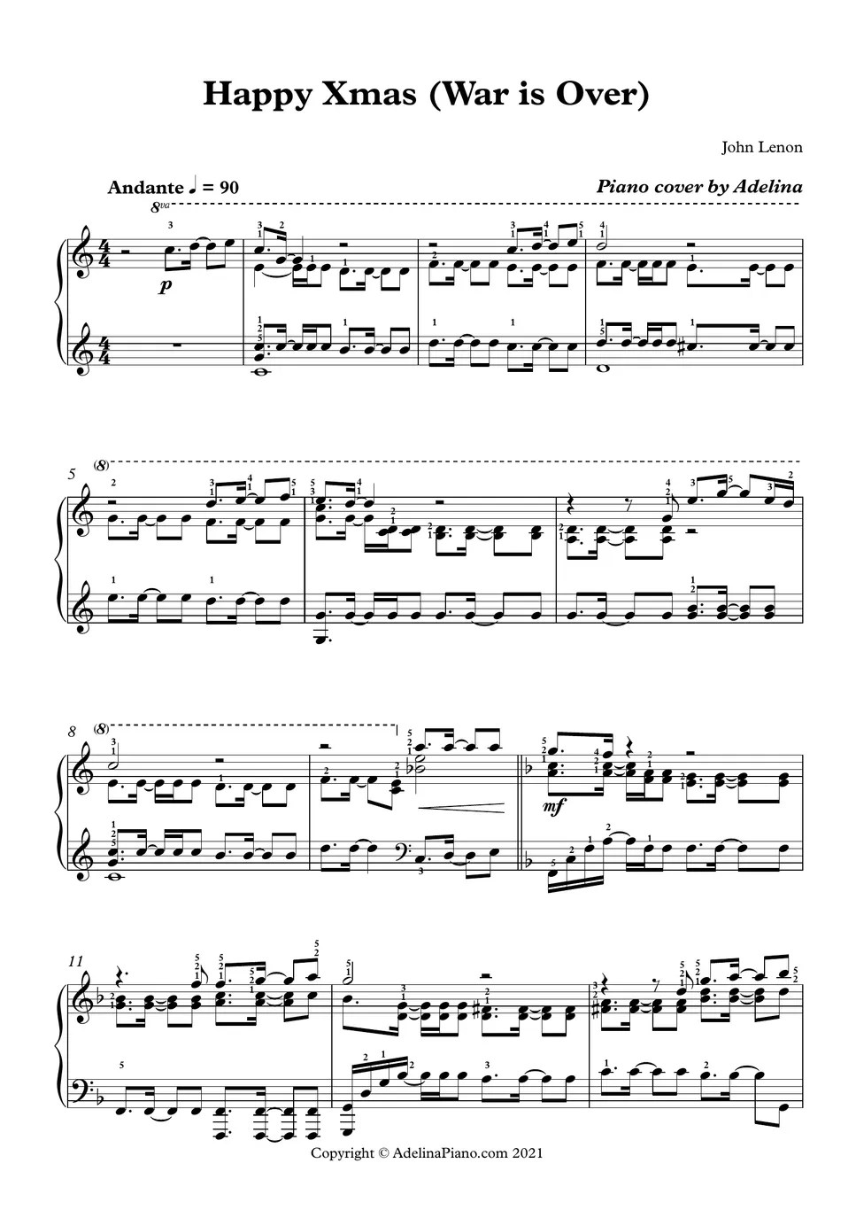 John Lennon Happy Xmas Sheets by Adelina Piano