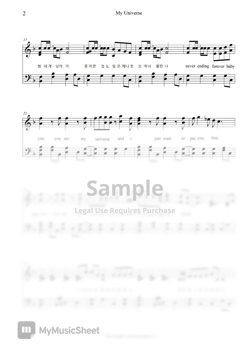 Coldplay & BTS My Universe (easy Key+Lyrics) 악보 by pianoreazz