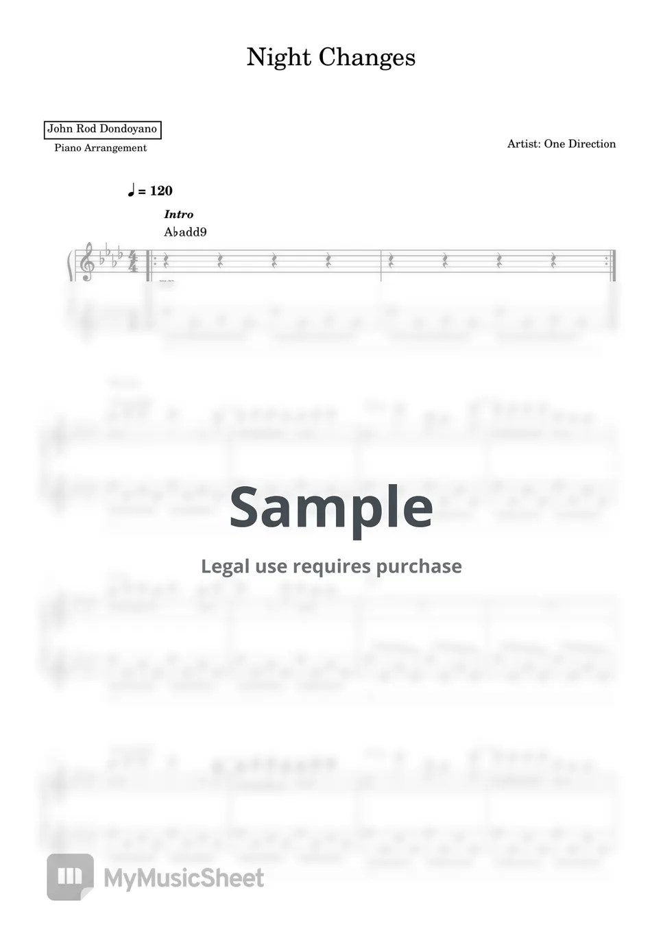 One Direction Night Changes (PIANO SHEET) Sheets by John Rod Dondoyano