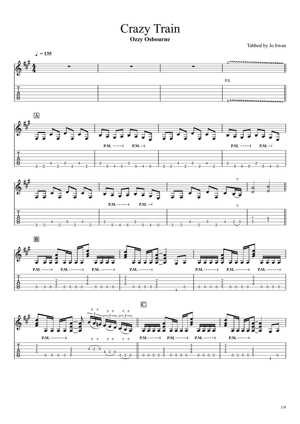 Ozzy Osbourne Crazy Train Tab + 1staff by Jo Hwan