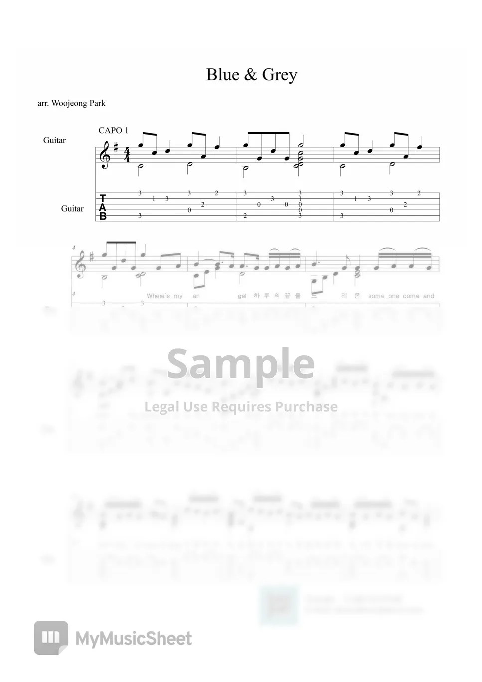 BTS Blue & Grey (guitar tab) 楽譜 by Woojeong Park