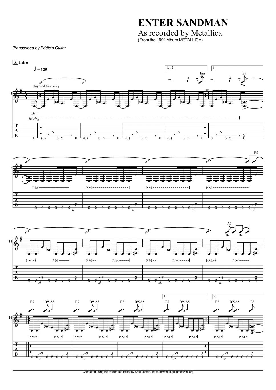 Metallica Enter Sandman TAB