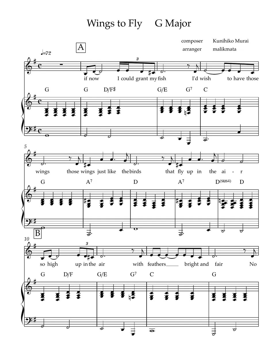 Kunihiko Murai Wings to Fly (Key in G) Sheet by malikmata