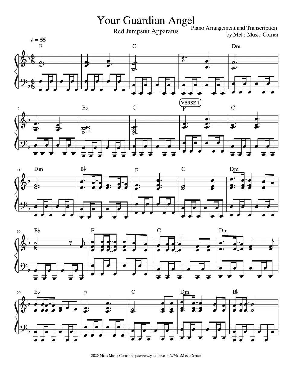 Red Jumpsuit Apparatus Your Guardian Angel (piano sheet music) Sheet by Mel's Music Corner