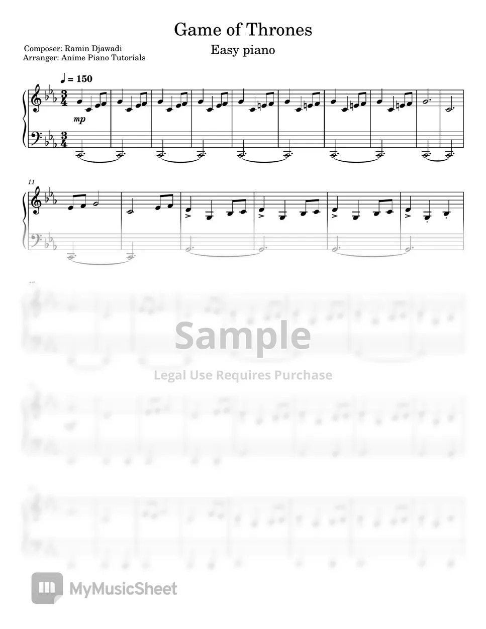 Game of Thrones Game of Thrones Main Theme 악보 by Anime Piano Tutorials