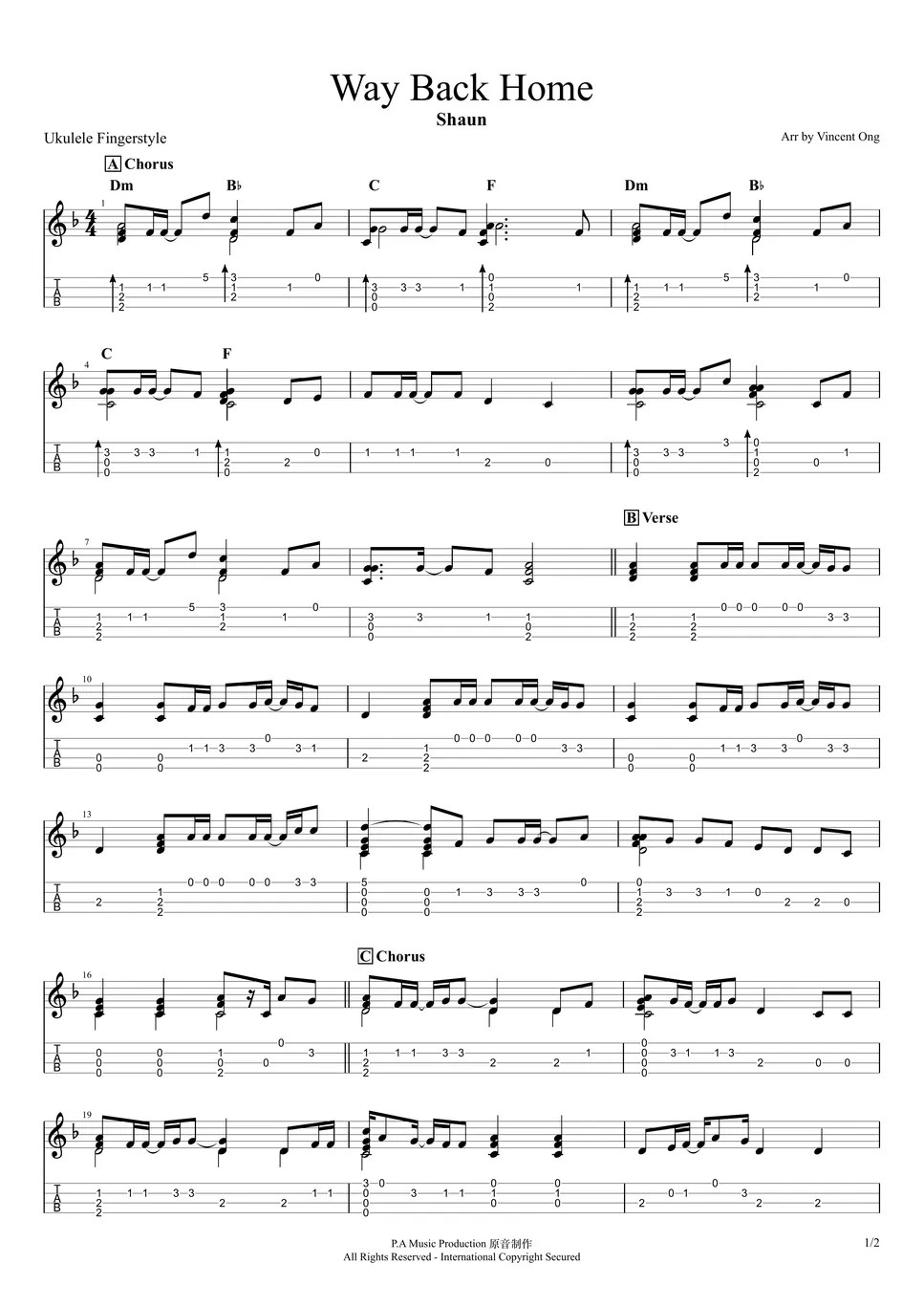 SHAUN (숀) Way Back Home Ukulele Fingrstyle (Simplified) Tab