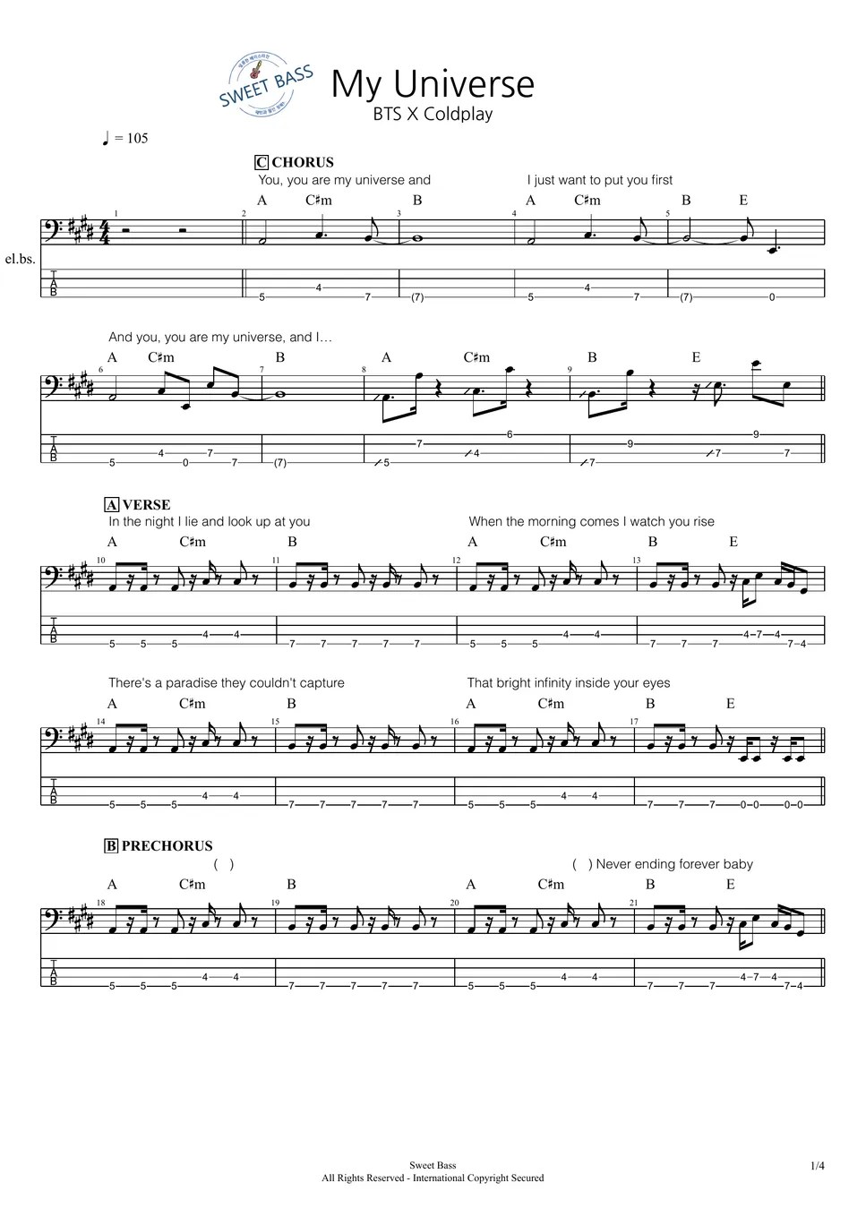 BTS X Coldplay My universe (Bass) Tab + 1staff by Sweet Bass