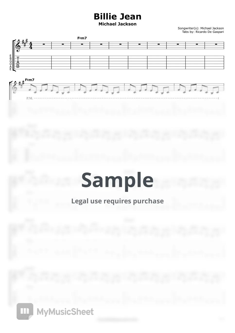 Michael Jackson Billie Jean (for one guitar) Sheets by De Gaspari