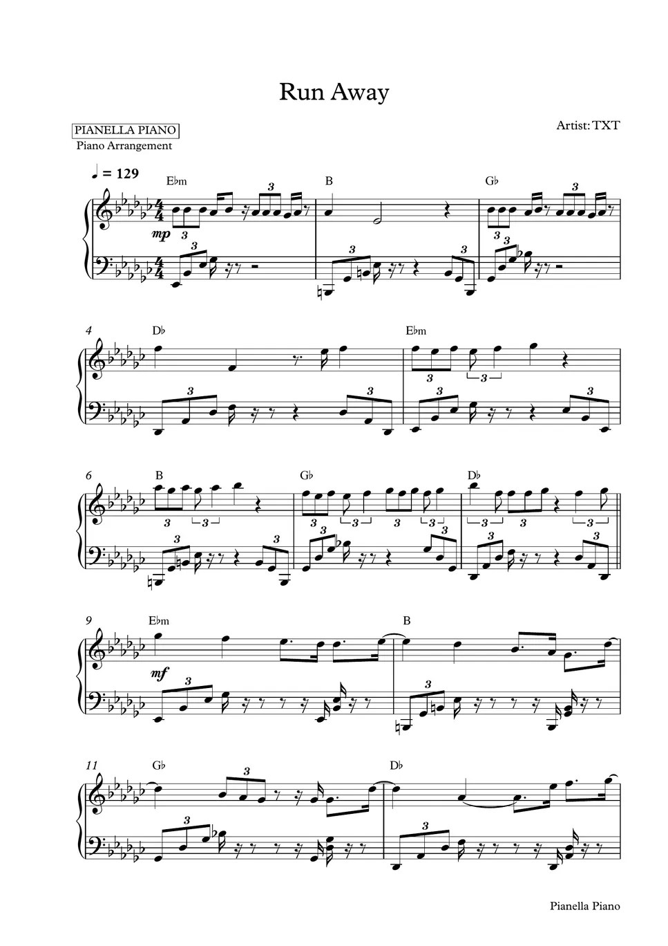 TXT Run Away (Piano Sheet) Partition musicale by Pianella Piano