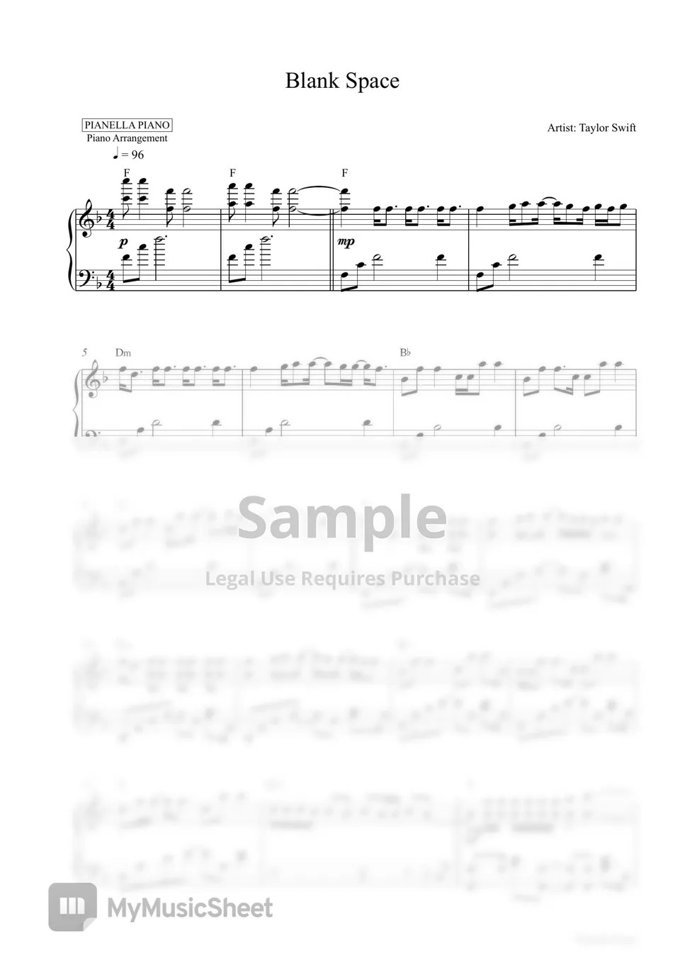 Taylor Swift Blank Space (Piano Sheet) 樂譜 by Pianella Piano