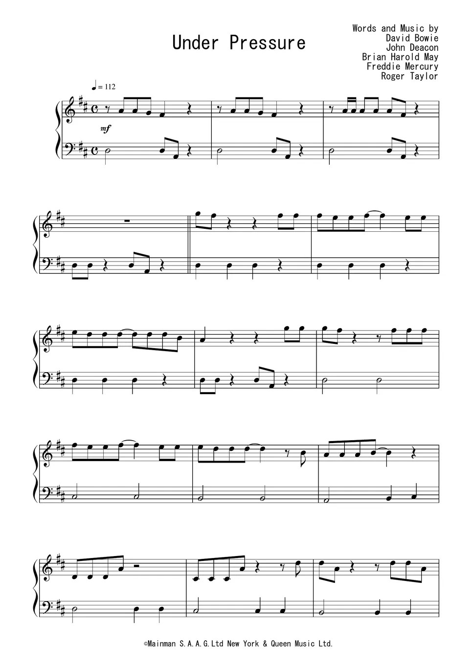 クイーン Under Pressure 楽譜 by Peony