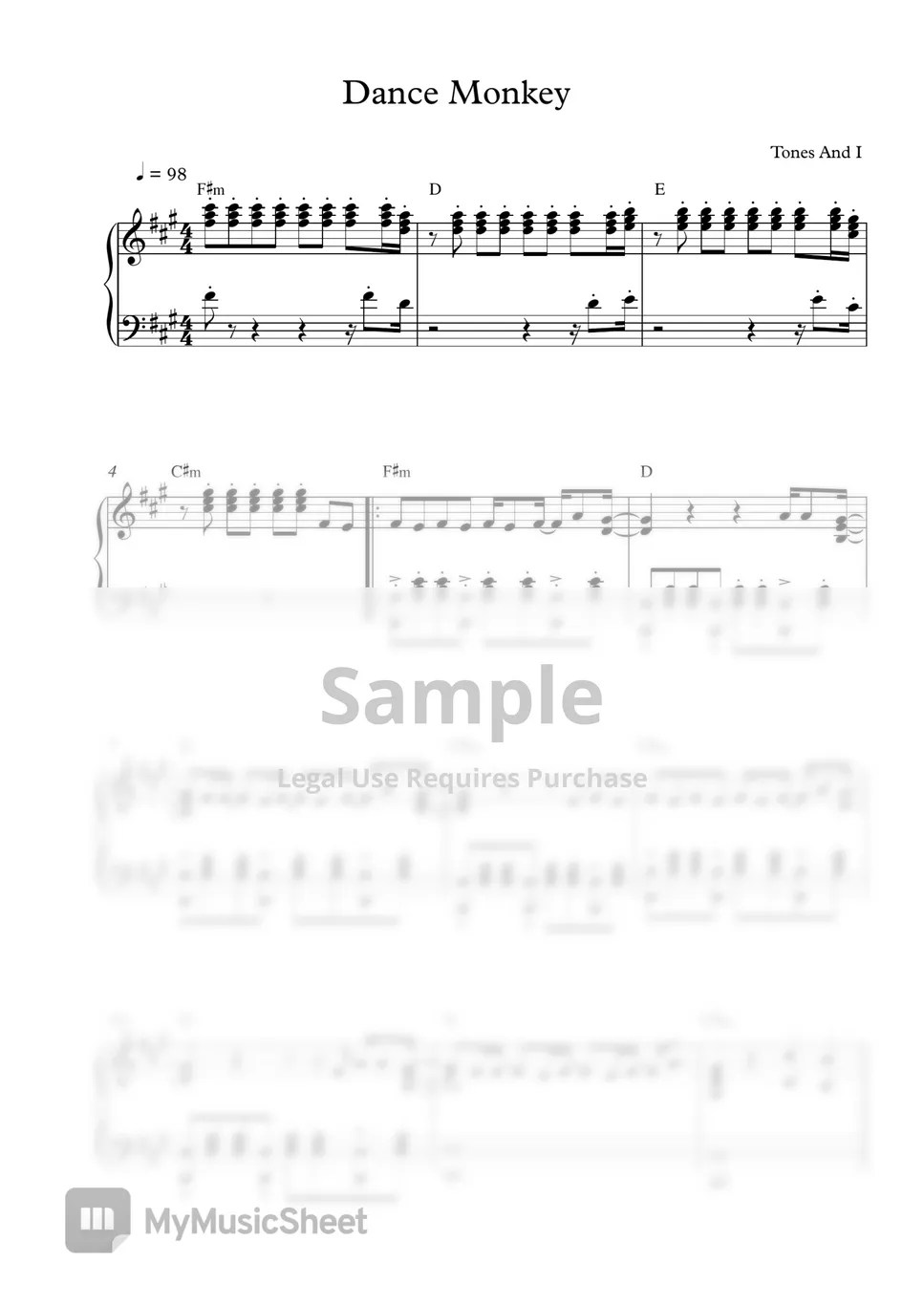 Tones And I Dance Monkey (Original Key) 楽譜 by Pineapplechord