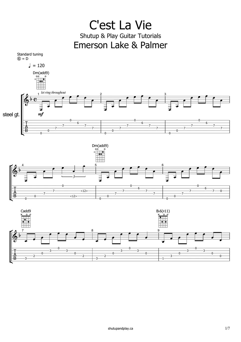 Emerson, Lake & Palmer C'est La Vie Sheets by Shutup & Play Guitar