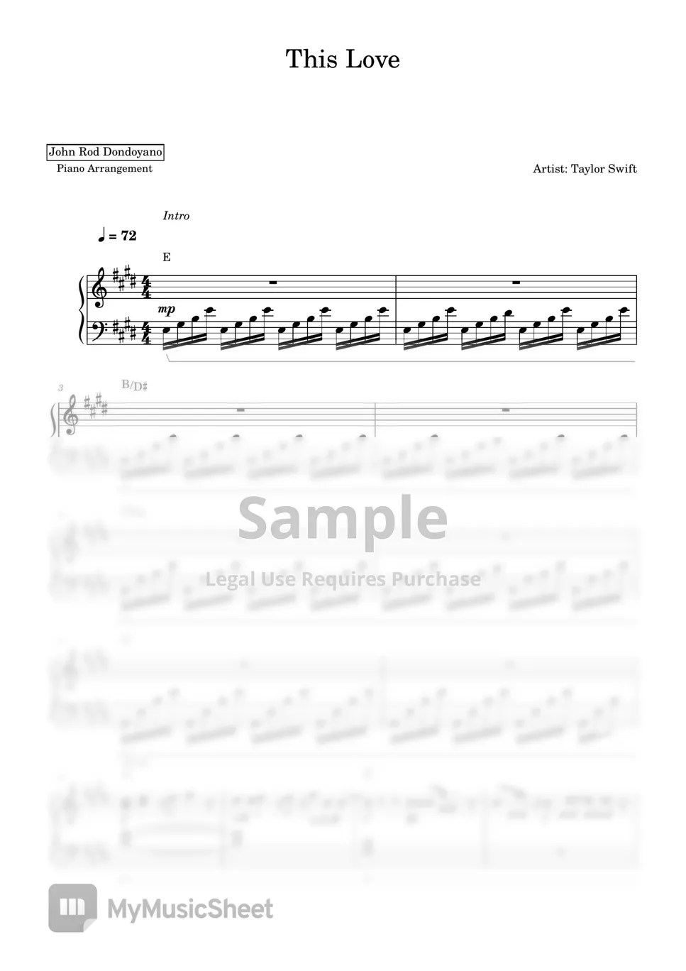 Taylor Swift This Love (PIANO SHEET) Sheets by John Rod Dondoyano