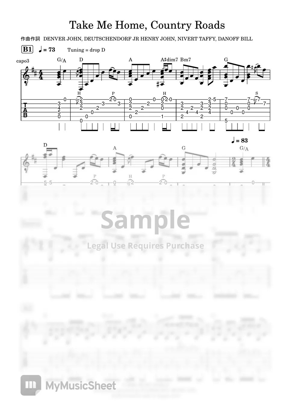 John Denver Take Me Home, Country Roads (ソロギター楽譜) Sheets by GPC