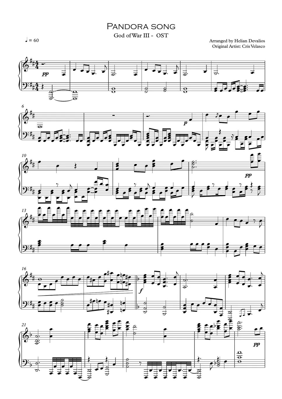 God of War III Pandora's Song Sheet by Helian Game Piano