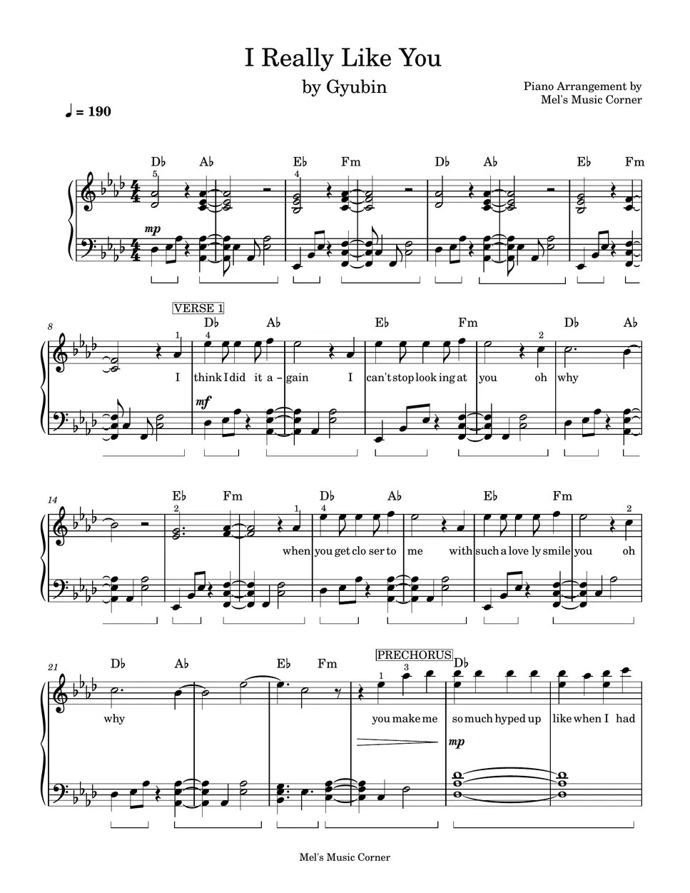 규빈 (Gyubin) I Really Like You (piano sheet music) Sheets by Mel's(05)