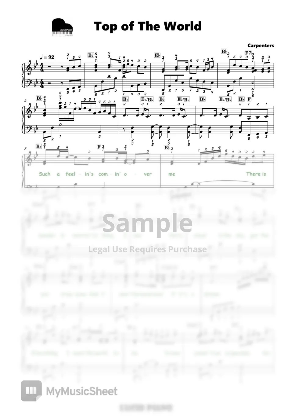 Carpenters Top of the World (코드,가사 포함) نوتة by Lucid Piano