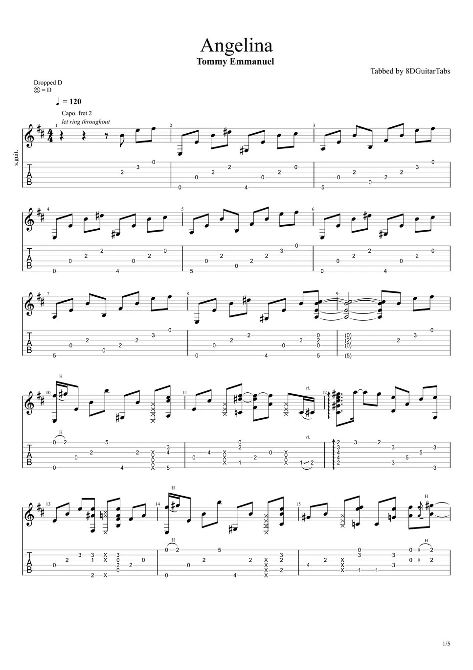 Tommy Emmanuel Angelina Tab + 단선 악보 by 8DGuitarTabs