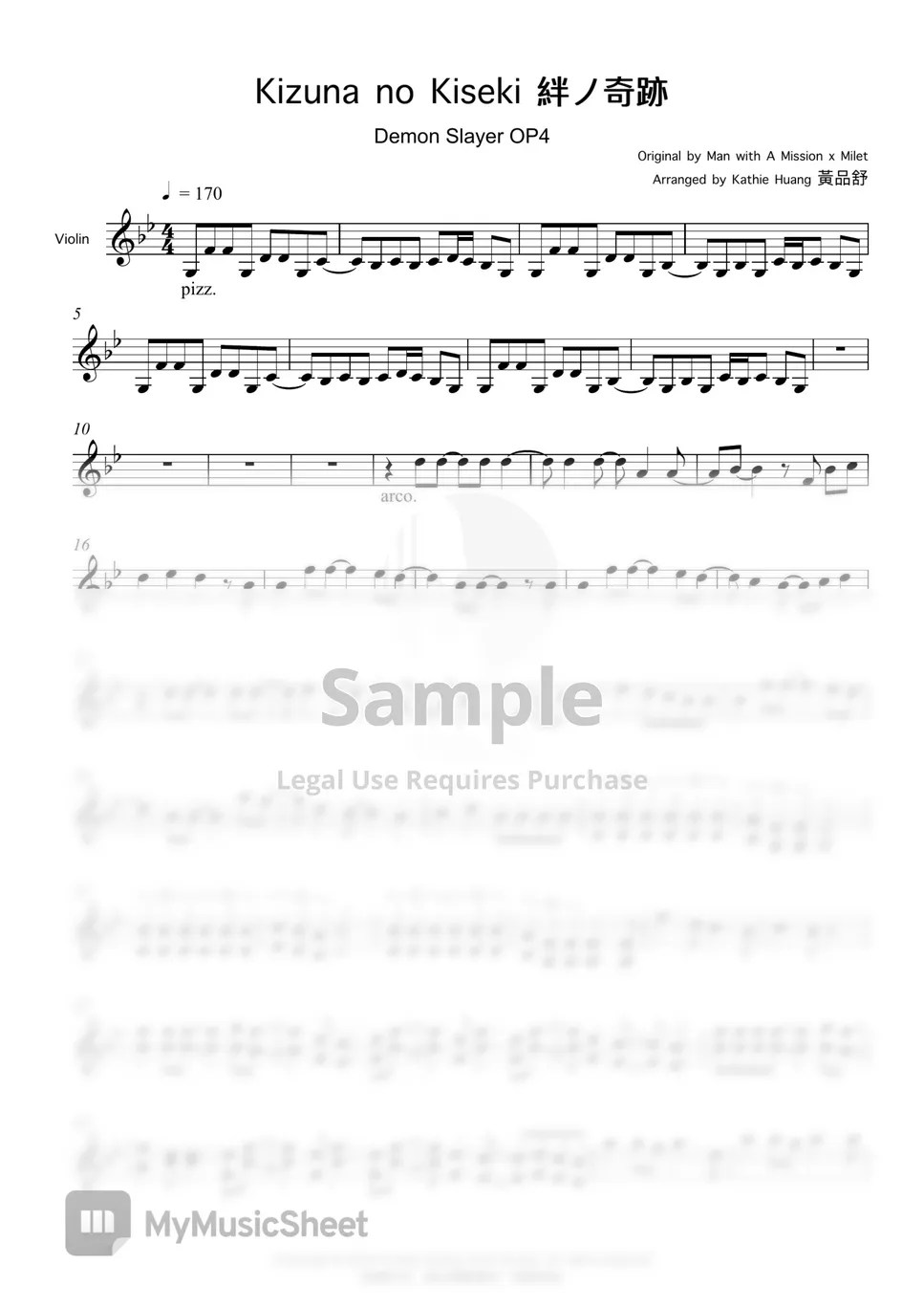 MAN WITH A MISSION×milet 羈絆的奇蹟 (鬼滅之刃刀匠村篇OP) Sheets by 黃品舒 Kathie Violin