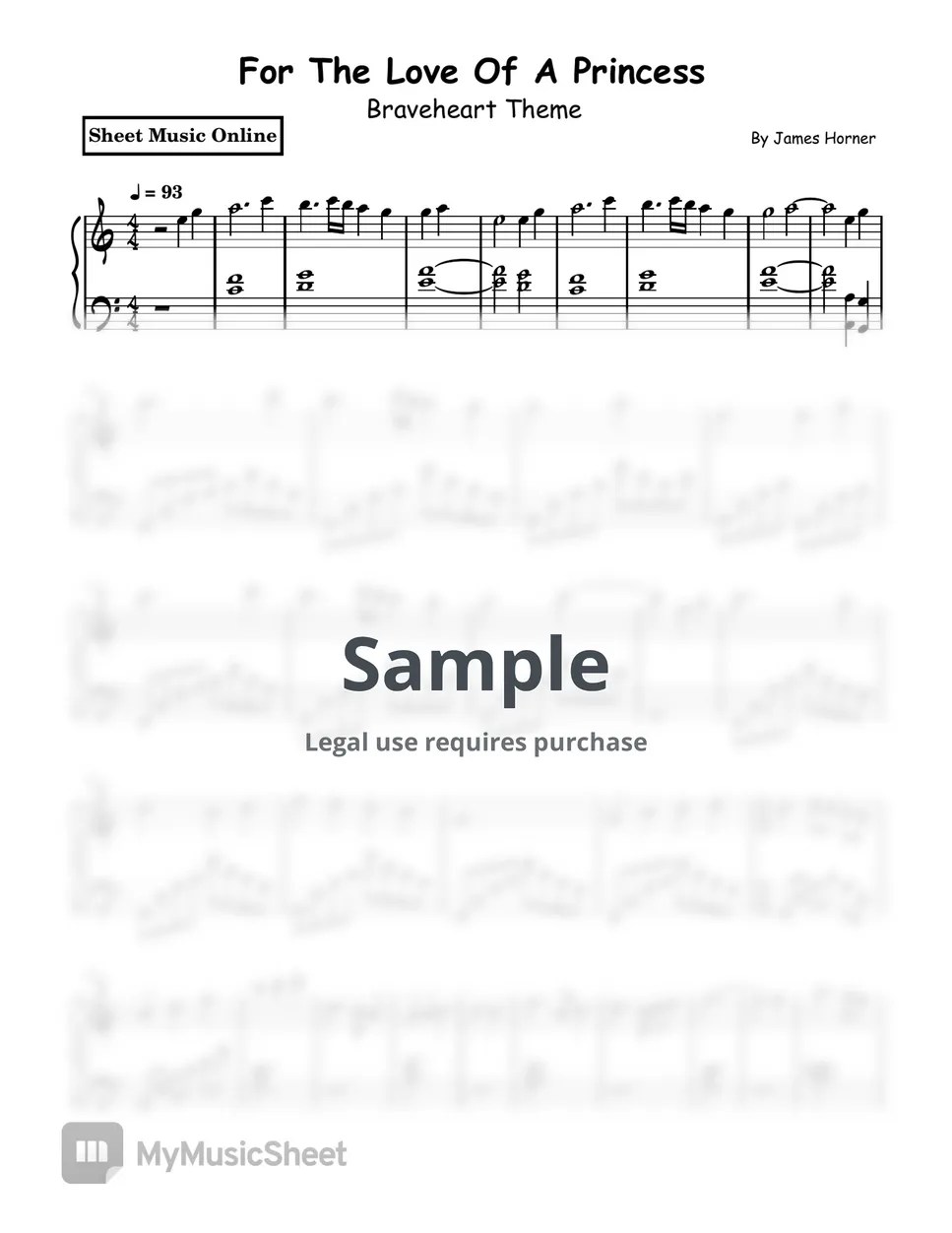 James Horner For The Love Of A Princess (Braveheart) Sheets by Sheet