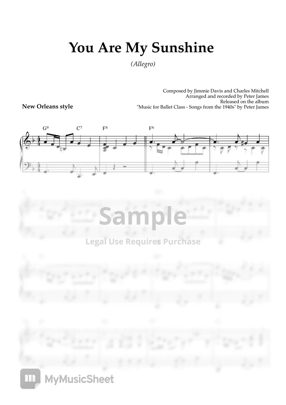 Jimmie Davis, Charles Mitchell You Are My Sunshine 악보 by Peter James