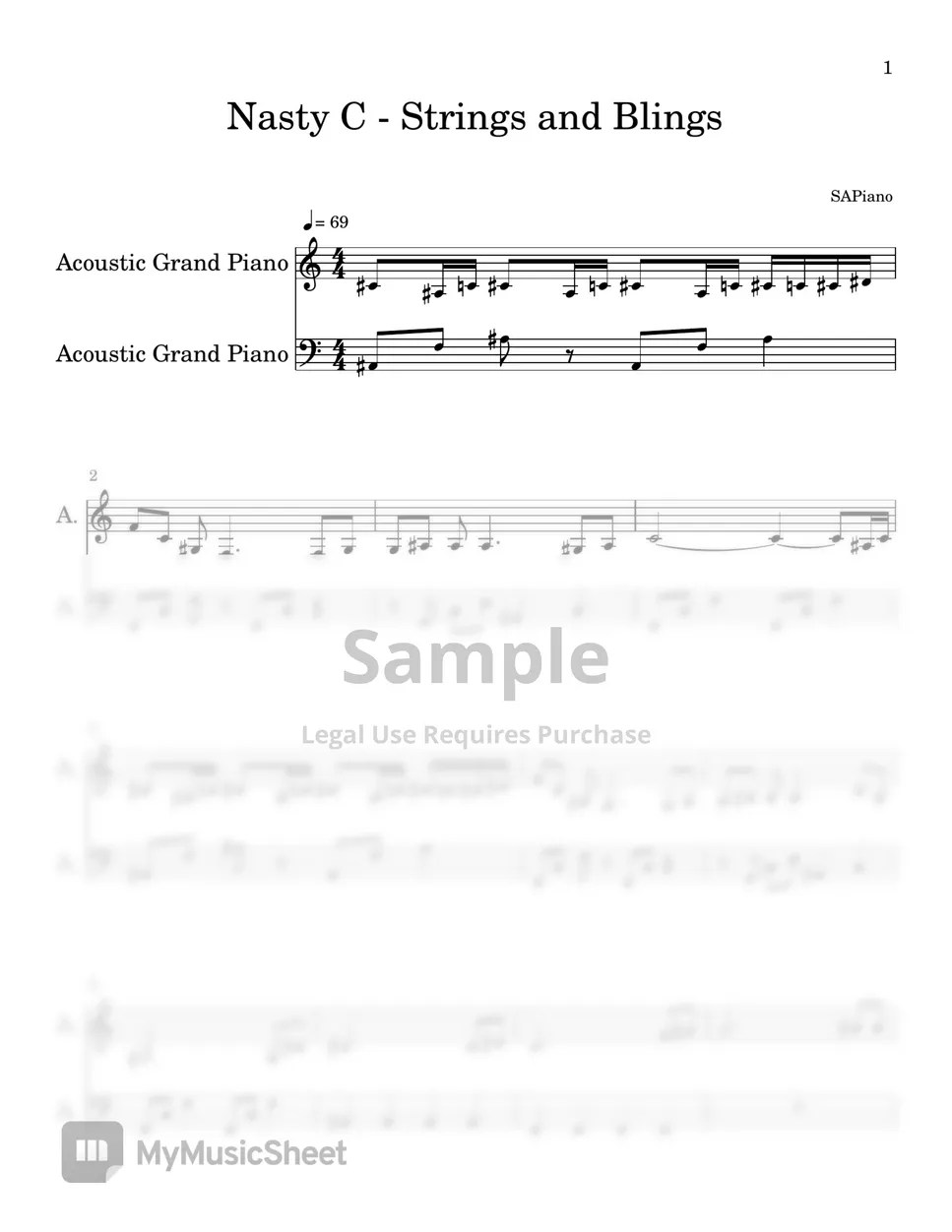 Nasty C Strings and Blings (PIANO SHEET) Sheets by SA Piano