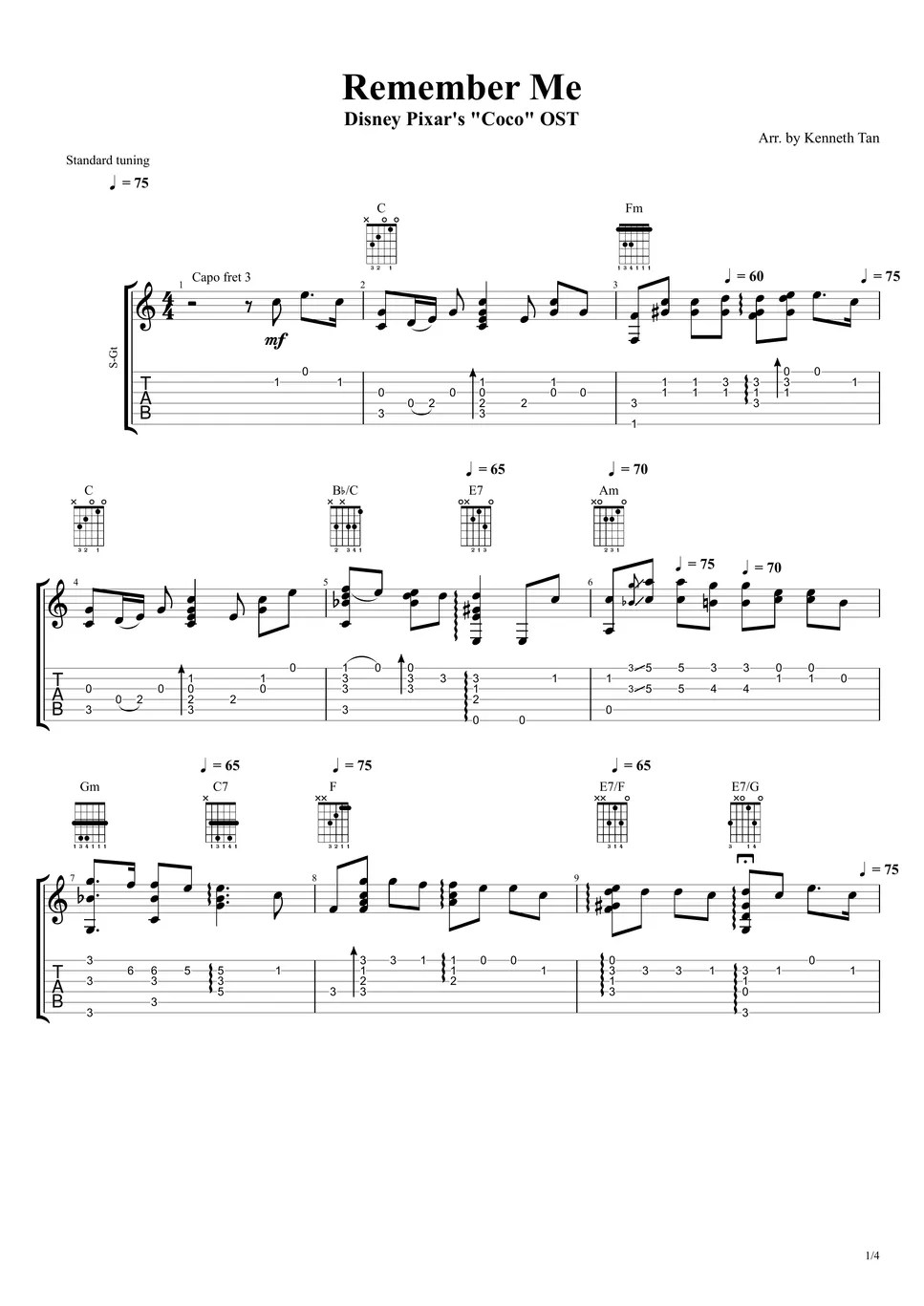 Disney Pixar's "Coco" OST Fingerstyle Guitar Remember Me TAB by