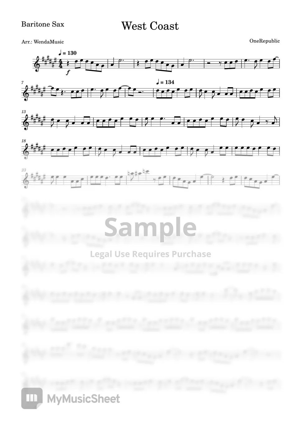 OneRepublic West Coast (Baritone Sax) Sheets by WendaMusic