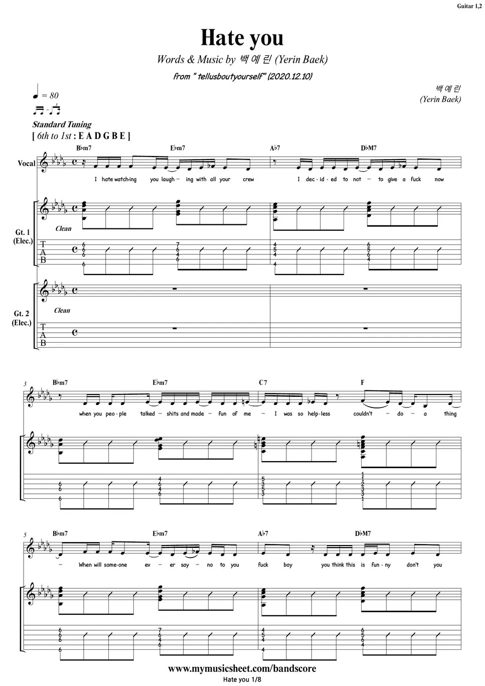 Yerin Baek Hate You Guitar/Backing Track Sheets
