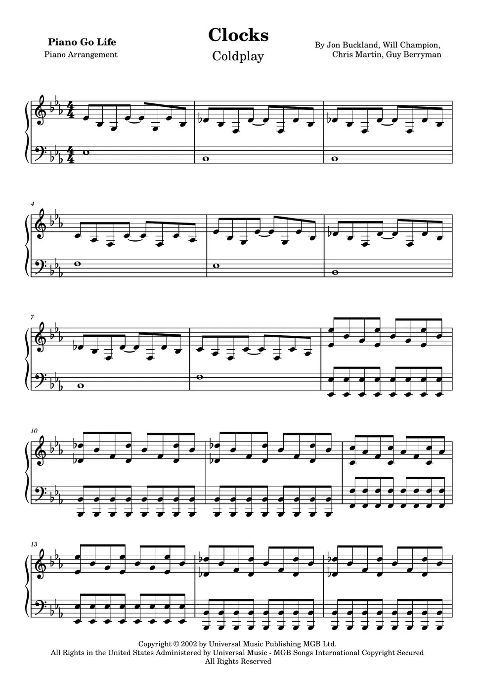 Coldplay Clocks 楽譜 by Piano Go Life