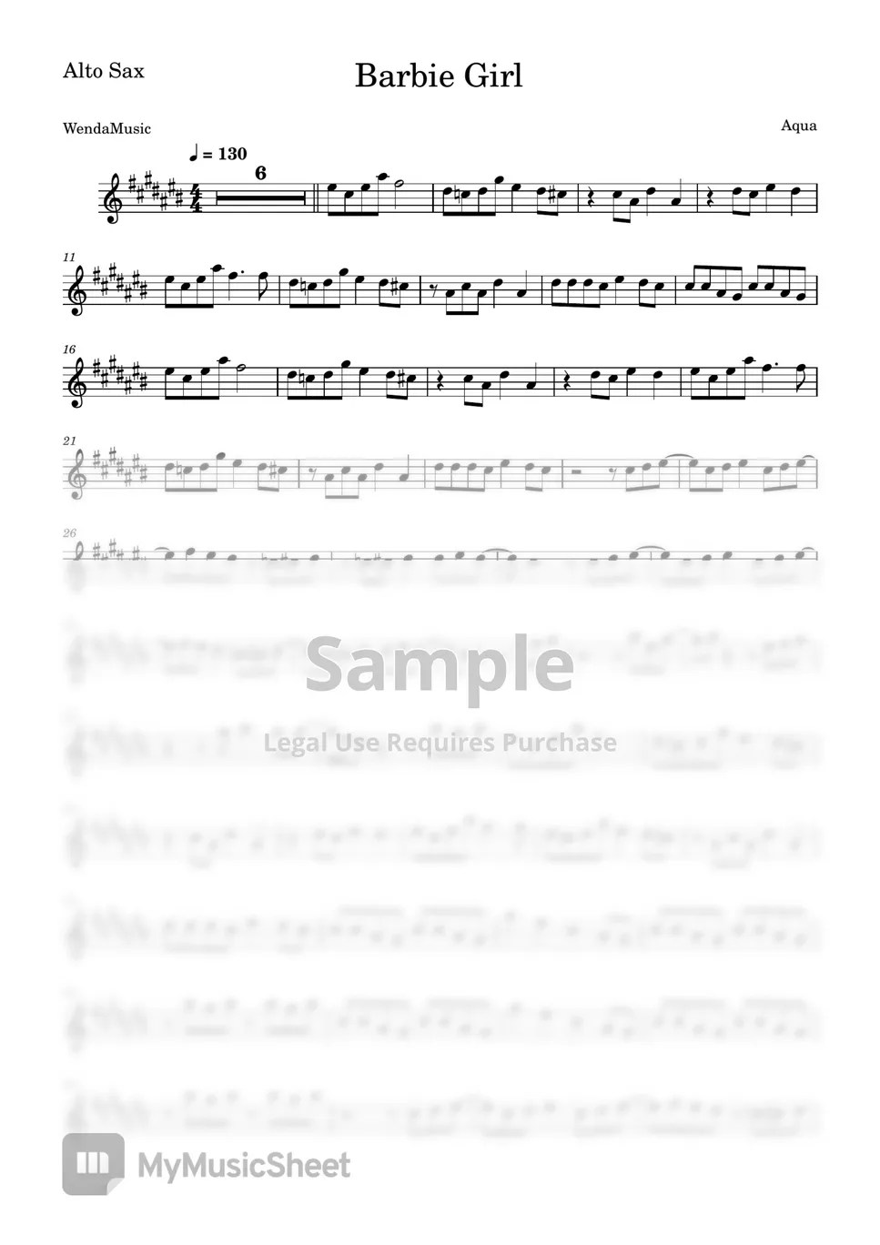 Aqua Barbie Girl (Alto Sax) Sheets by WendaMusic