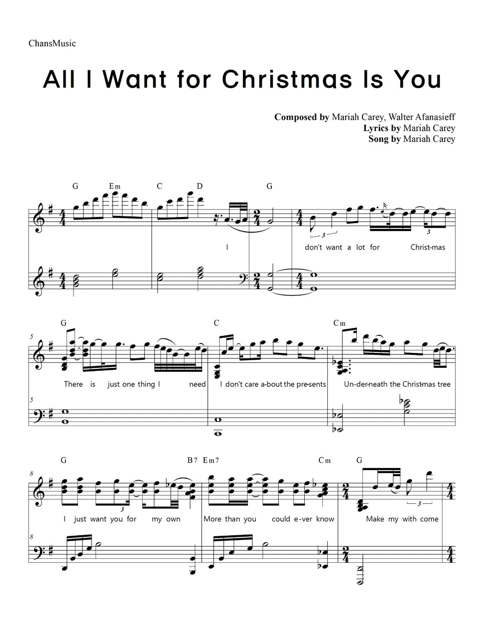 Mariah Carey - All I Want for Christmas Is You (with Lyrics) Sheet by