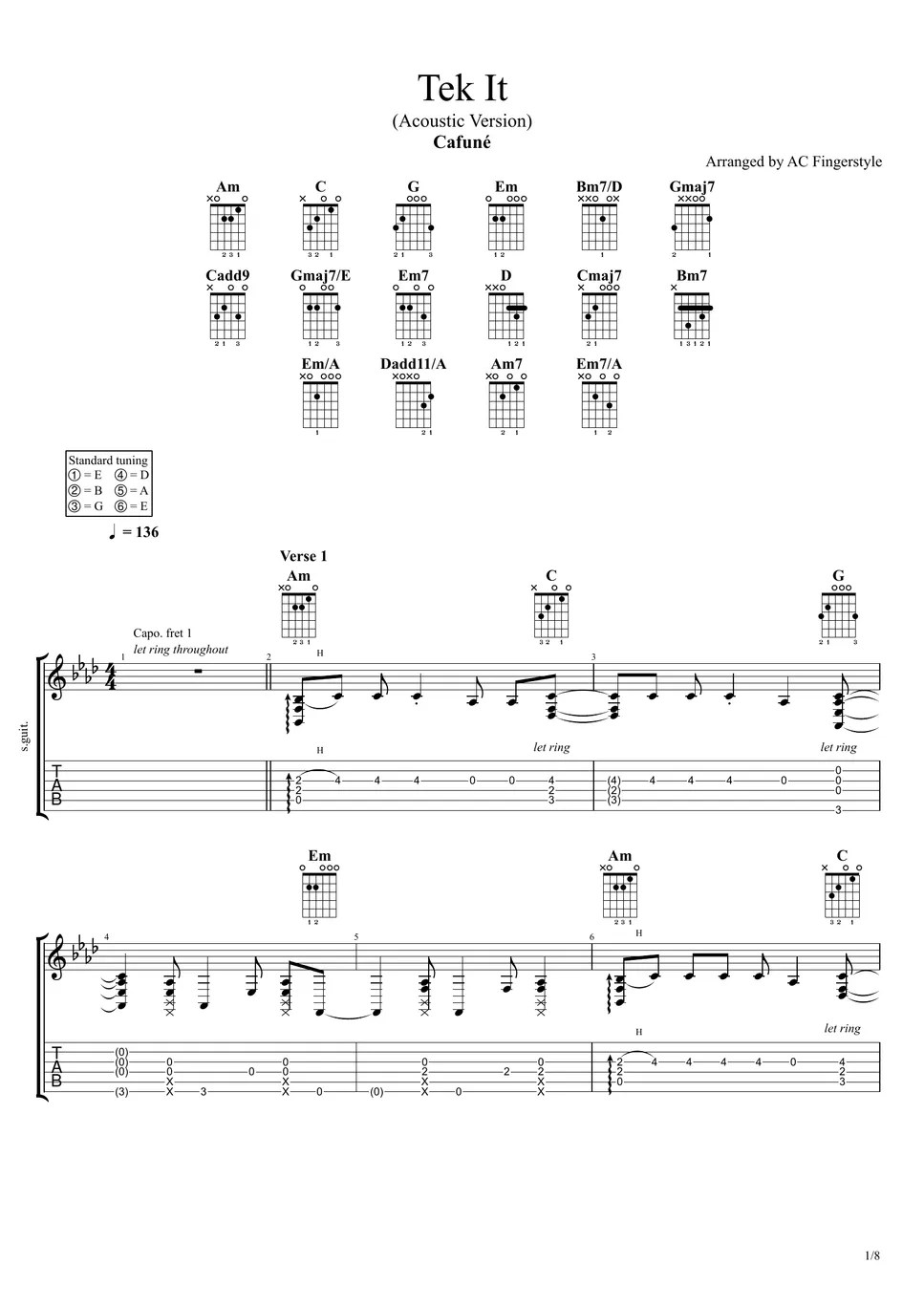 Cafune Tek It (Acoustic Version) Tab + 1staff by AC Fingerstyle