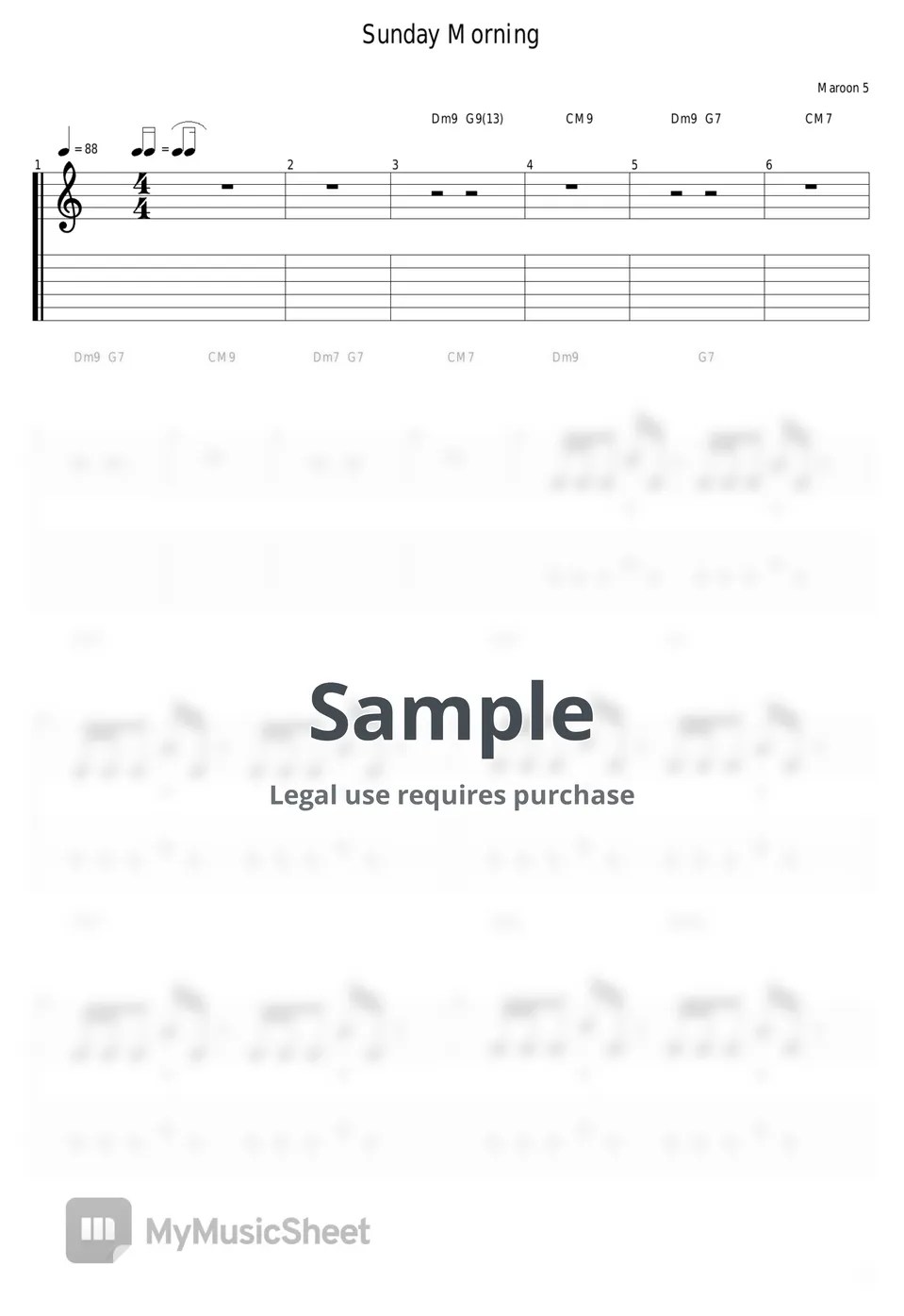 Maroon 5 Sunday Morning Tab + 1staff by guitar cover with tab