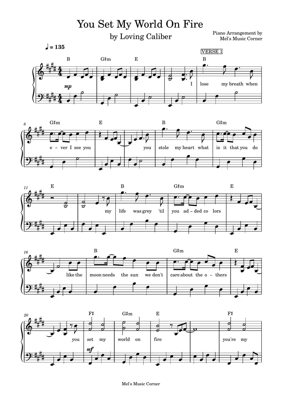 Loving Caliber You Set My World on Fire Notenblatt by Mel's Music Corner