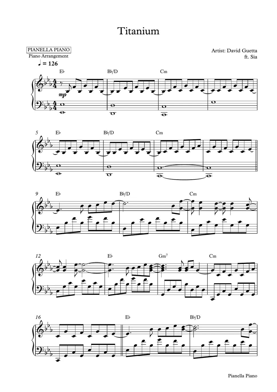 David Guetta ft. Sia Titanium (Piano Sheet) Sheet by Pianella Piano