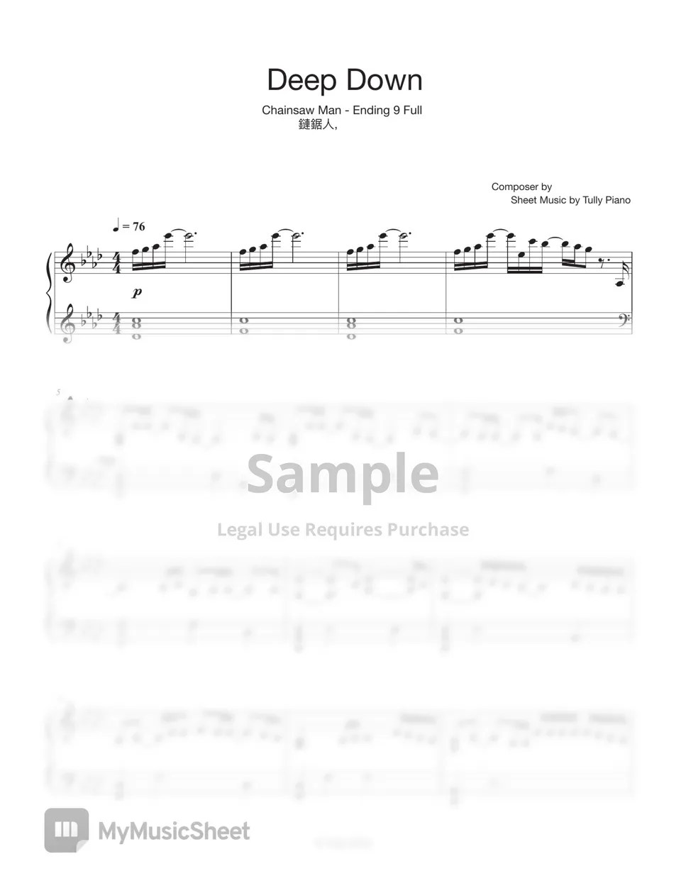 Aimer Deep Down (Chainsaw Man ED 9) 악보 by Tully Piano