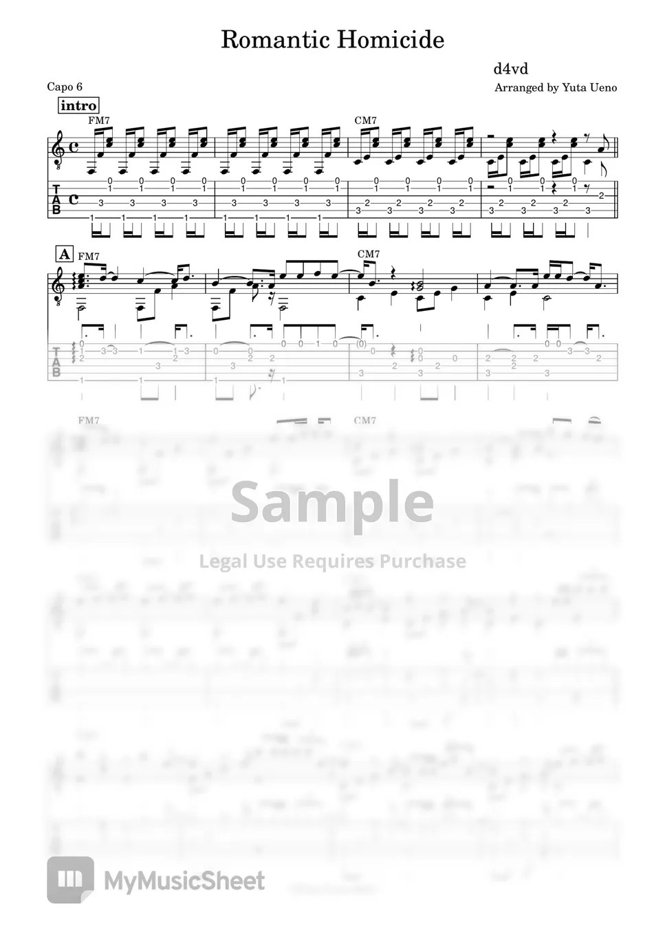 d4vd Romantic Homicide (Fingerstyle) Tab + 1staff by Yuta Ueno