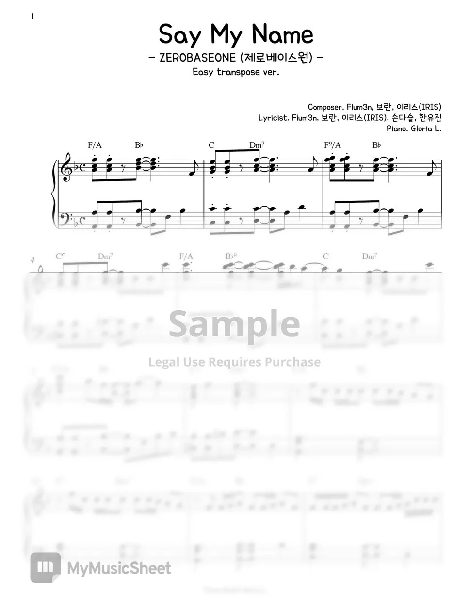 ZEROBASEONE (제로베이스원) Say My Name (Easy Transpose) 악보 by Gloria L.