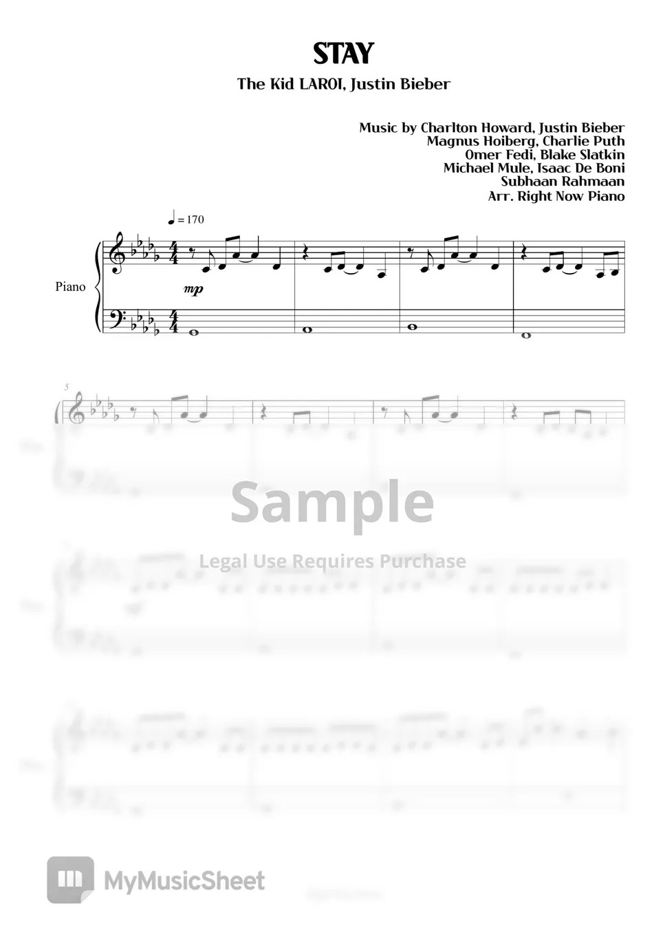 The Kid LAROI, Justin Bieber STAY Sheets by Right Now Piano