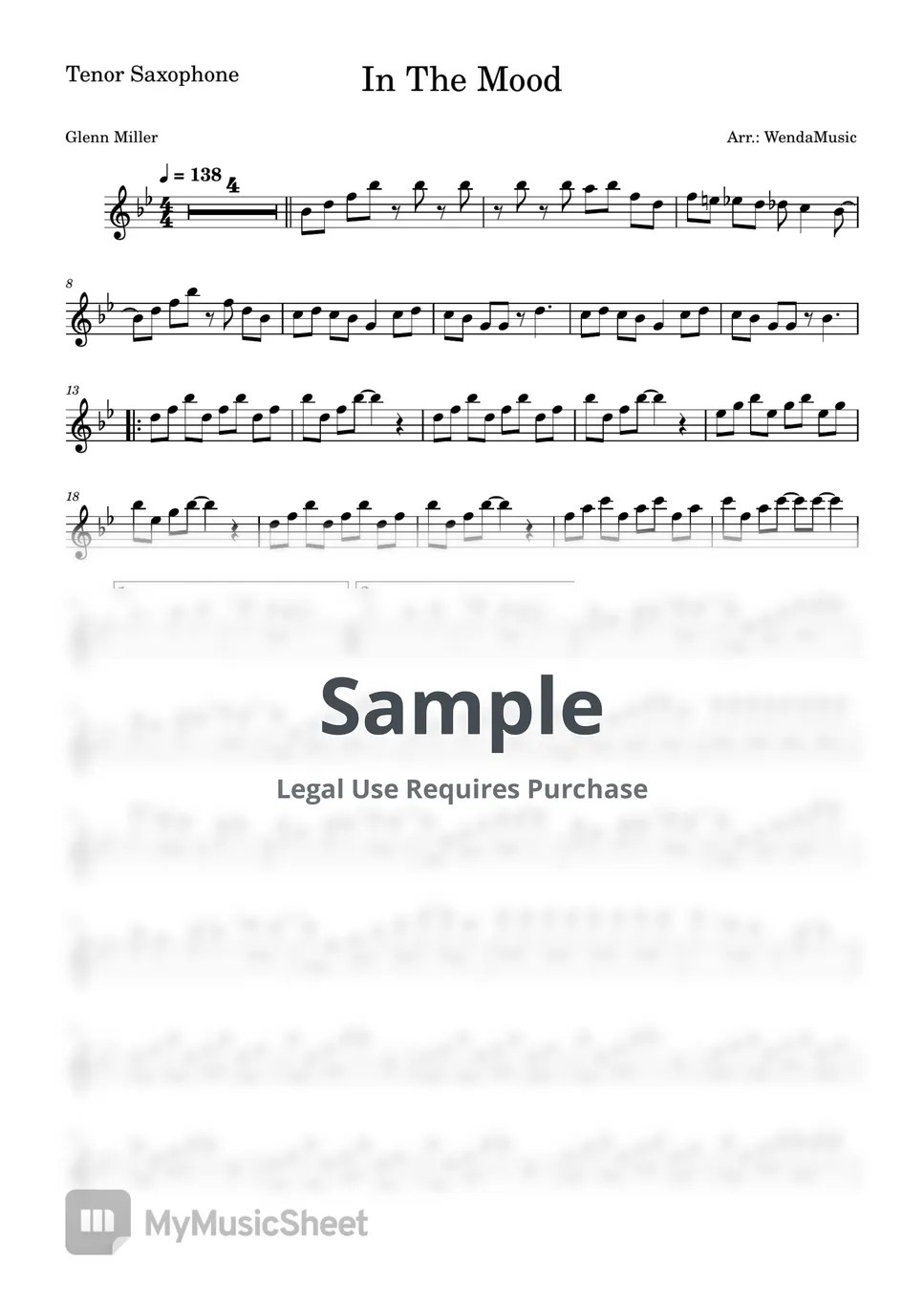 Glenn Miller In The Mood (Tenor Sax) Sheets by WendaMusic