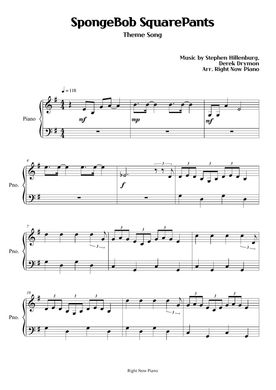 SpongeBob SquarePants Theme Song Sheets by Right Now Piano