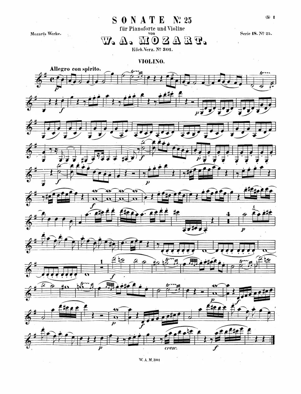 W.A.Mozart Violin Sonata No. 25, G Major, K. 301 Sheets by Original Sheet
