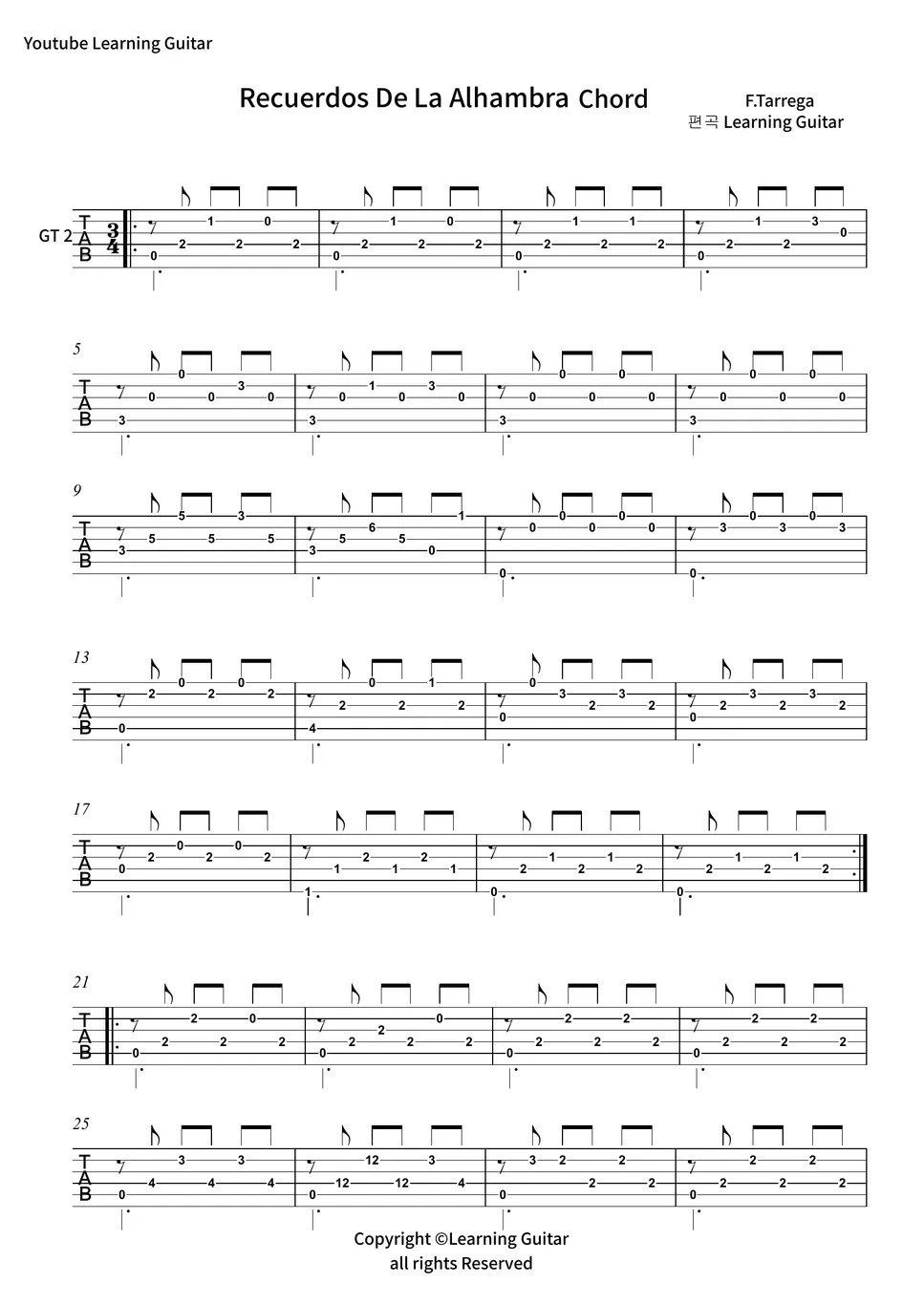 Francisco Tarrega Recuerdos de la Alhambra (Chord TAB) 樂譜 by Learning