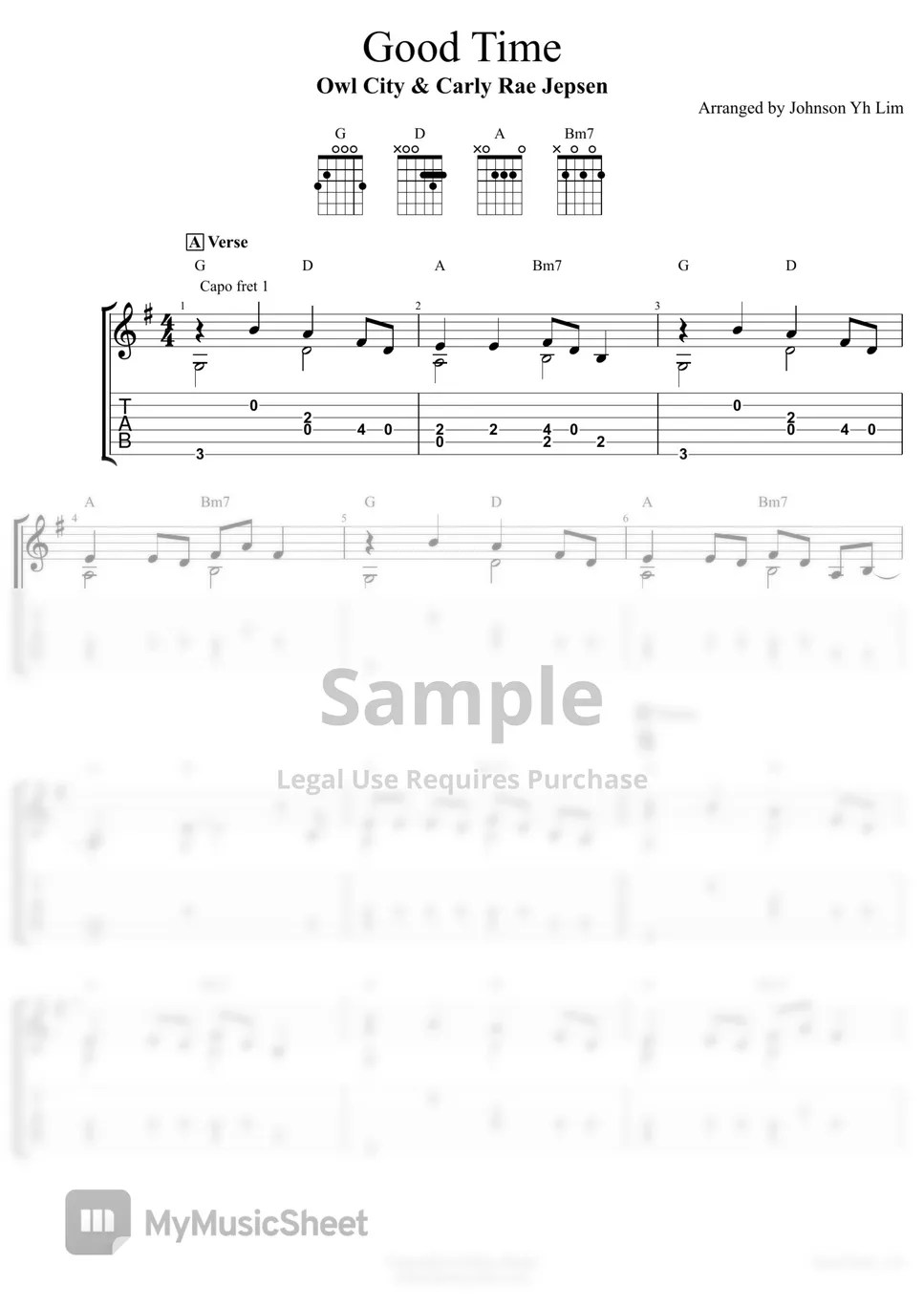 Owl City & Carly Rae Jepsen Good Time (Guitar Fingerstyle) Tab + 단선