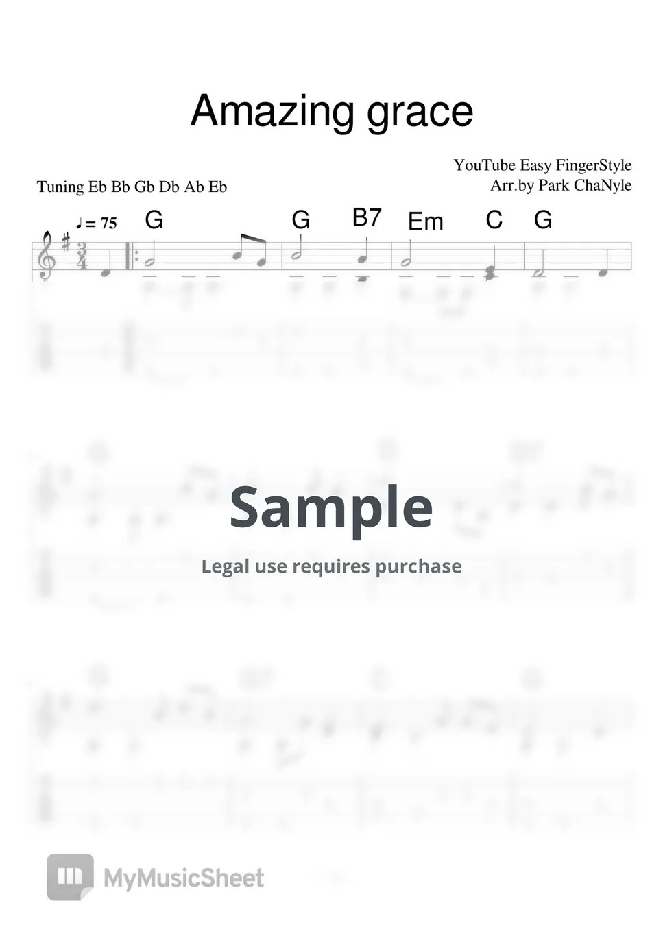 John Newton Amazing Grace (CCM) Tab + 단선 악보 by Easy FingerStyle